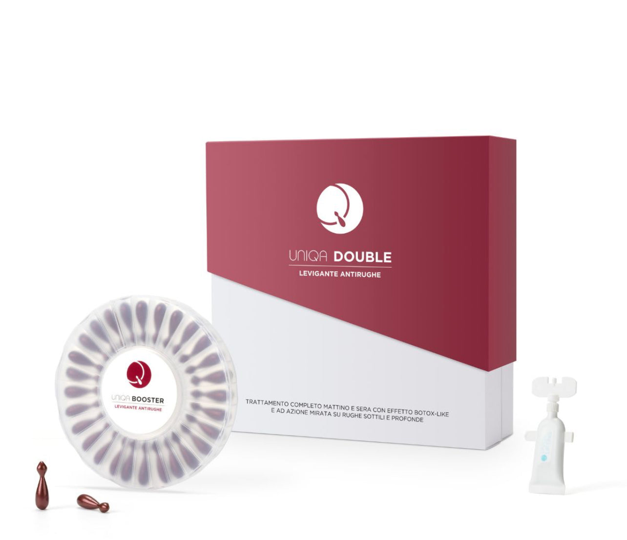 Uniqa – Double kit levigante antirughe – Booster 28 monodosi 0,5ml + Peptide lifting 30 monodosi 2ml